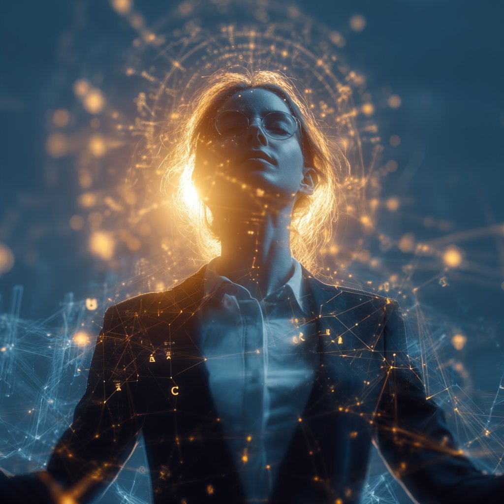 Digital figure with glowing gold and blue light effects radiating from head and body against dark blue background, representing AI or digital consciousness concept