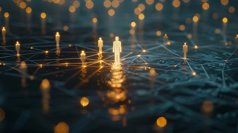 Glowing golden figures connected by light networks on a dark blue digital background representing communication and connectivity