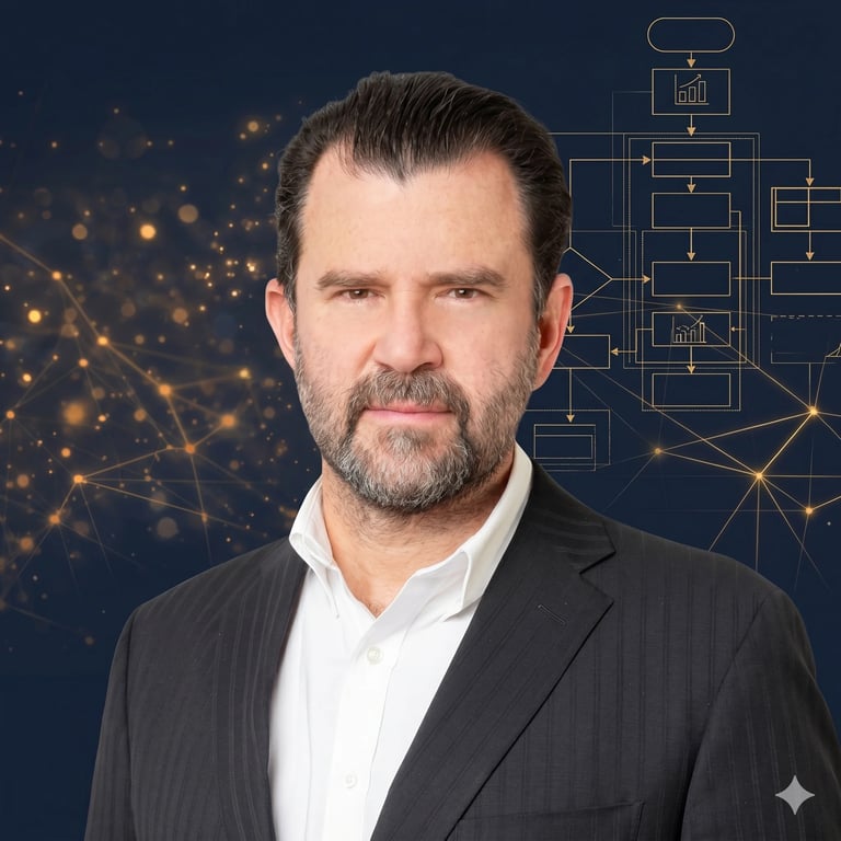 Professional headshot of a man in business attire against a digital technology background with network diagrams and golden particles
