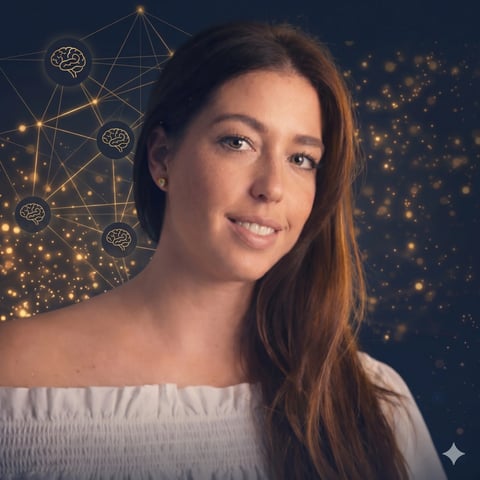 Woman with long reddish-brown hair smiling at camera against dark blue background with glowing golden geometric network and sparkle effects