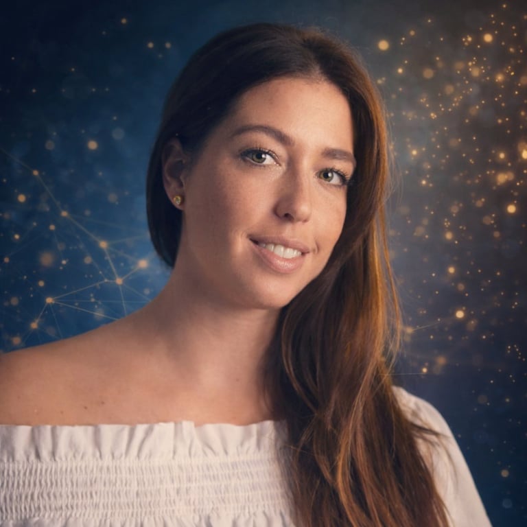 Woman with long brown hair wearing white off-shoulder top against blue and gold sparkle background