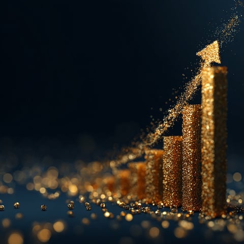 Golden sparkly upward arrow made of glitter particles on dark blue background, symbolizing growth and progress
