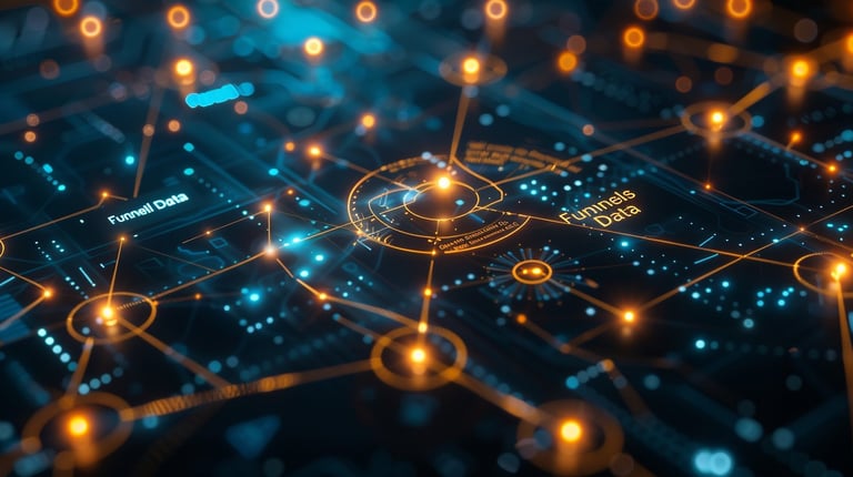 Abstract digital network visualization with glowing golden nodes and blue connections on a circuit board background