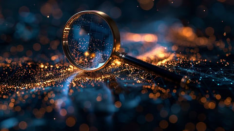 Magnifying glass on glowing bokeh lights with starry night sky reflection in the lens