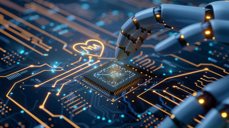 Robotic hand placing a microchip on a glowing circuit board with digital connections and data flow