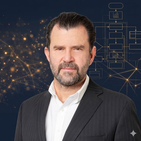 Professional man with beard in dark suit against blue background with digital network and flowchart graphics
