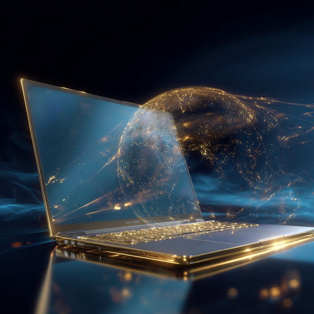 Golden laptop displaying holographic glowing Earth globe with network connections on dark blue background