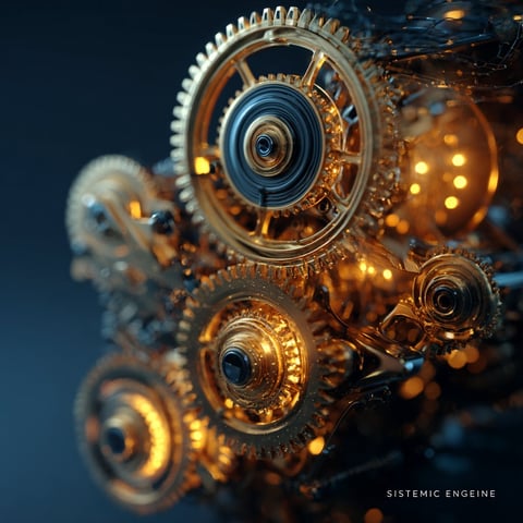 Glowing golden gears and mechanical parts labeled Systemic Engine against a blue background